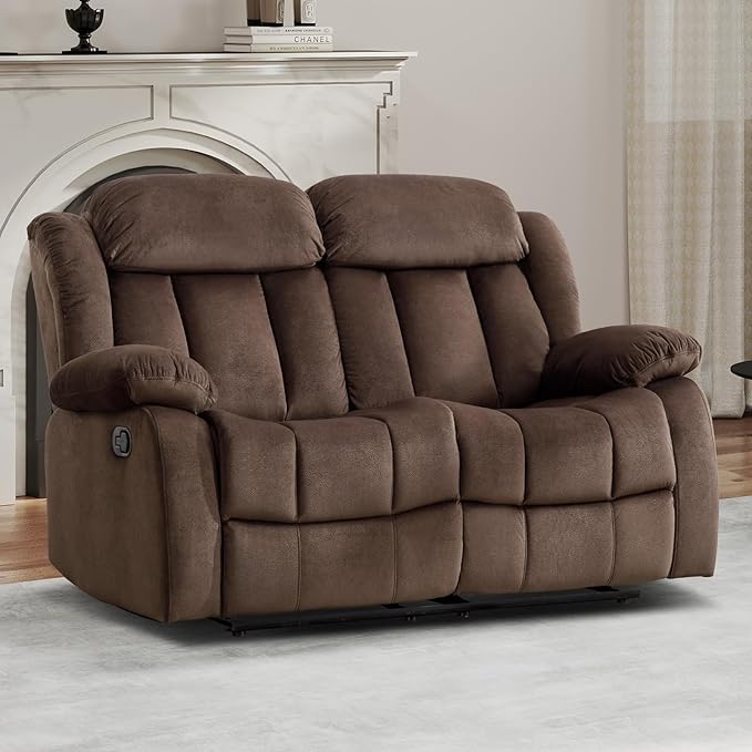 EBELLO Wall Hugger Reclining Loveseat, Classic and 2 Seat Recliner Couch with Overstuffed Arms and Back for Living Room, Bedroom, Daul Recliner Loveseat, Brown