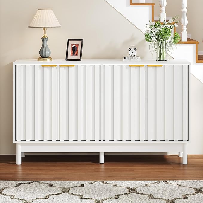 RoyalCraft 55'' Buffet Cabinet with Storage, Fluted Sideboard with Doors and Adjustable Shelves, Wood Credenzas Console Table, Coffee Bar Cabinet for Kitchen, Dining Room, Living Room, White