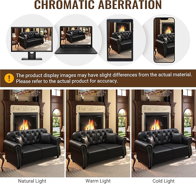 KEIKI 41" Faux Leather Chesterfield Sofa with Rolled Arms & Nailhead Trim, Modern Style 1-Seater Button Tufted Couch with High Resilience Cushion & 1 Pillow, Easy Assembly, for Living Room, Black