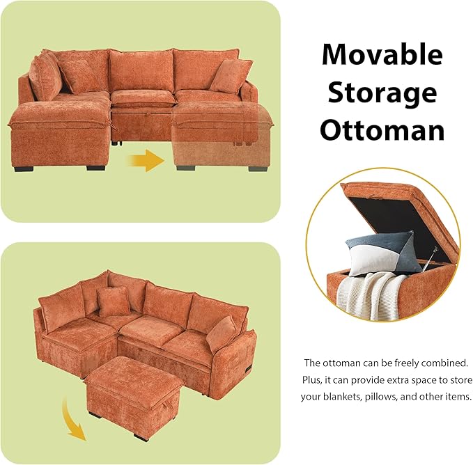 ERYE 82.5-Inch Left Facing Corner Sleeper Sectional Sofa Bed for Living Room Office,L-Shaped Chenille Upholstered Convertible Pull Out Sleeper Couch Bed W/Storage Ottoman | USB-C Ports