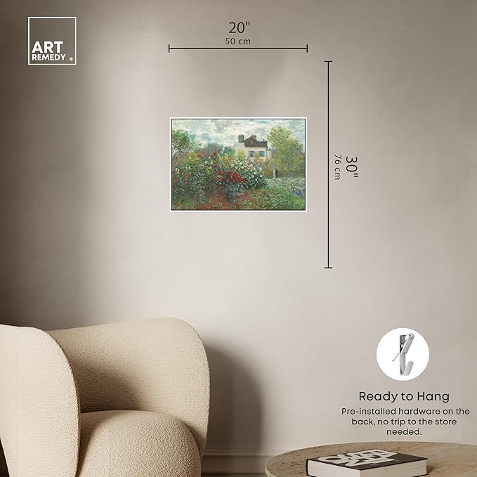 Art Remedy Monet-Garden With Dahlias Impressionism Classic Landscape Paintings Canvas Wall Art, White Floater Frame, 20"x30"