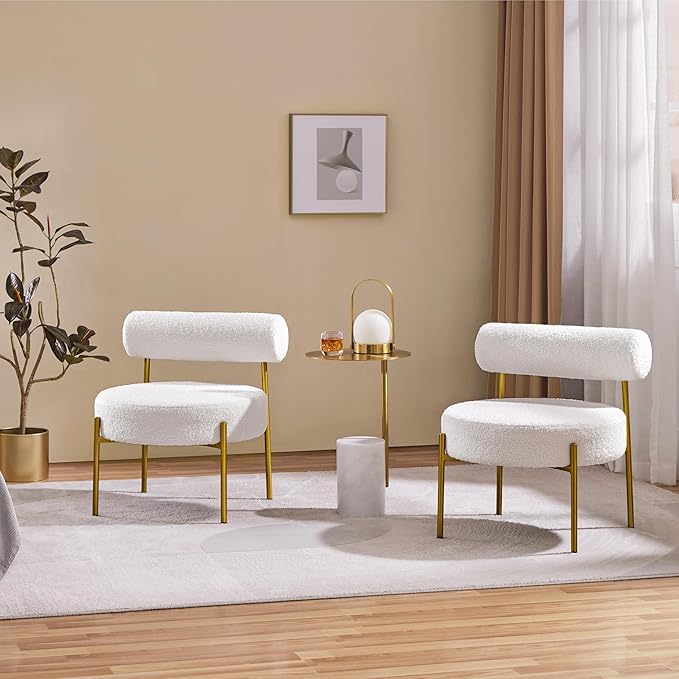 Yaheetech Boucle Accent Chair, Modern Tufted Vanity Chair, Cozy Sherpa Barrel Chair with Gold Legs, Club Chair for Living Room Bedroom Vanity Room Home Office, 2pcs, White