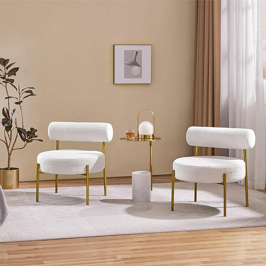 Yaheetech Boucle Accent Chair, Modern Tufted Vanity Chair, Cozy Sherpa Barrel Chair with Gold Legs, Club Chair for Living Room Bedroom Vanity Room Home Office, 2pcs, White