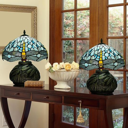 12 Inch Dragonfly Tiffany Lamp with Remote Control, Adjustable Brightness and Color Temperature, E26 Bulb, 9W, Ocean Blue Dragonfly Mushroom Stained Glass Bedside Lamp