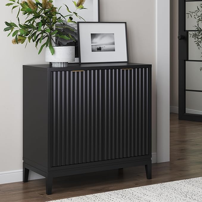 Nathan James Jasper Modern Sideboard, Kitchen Storage Cabinet with Fluted Doors, Accent Storage for Kitchen or Living Room, Black Oak