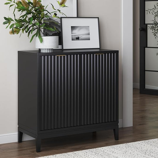 Nathan James Jasper Modern Sideboard, Kitchen Storage Cabinet with Fluted Doors, Accent Storage for Kitchen or Living Room, Black Oak