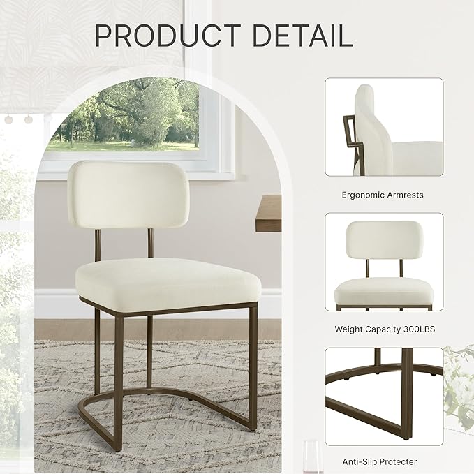 Dining Chairs Set of 2, Upholstered Modern Kitchen Chairs with Ergonomic Backrest, Fabric Cushion Seat & Wire Drawing Metal Legs for Living Room, Restaurant, and Café, White
