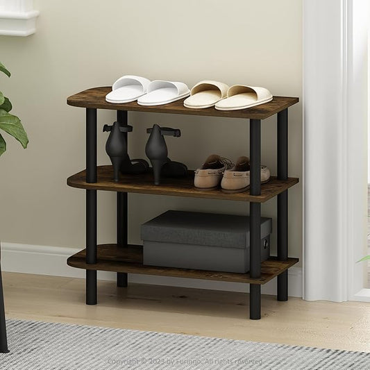 Furinno Turn-N-Tube Shoe Rack, 3-Tier Shoe Organizer, Shoe Rack Storage with Curved Freestanding Organizer, 11.7 x 23.6 x 21.9, for Closet Entryway, Office, Garage, Amber Oak/Black
