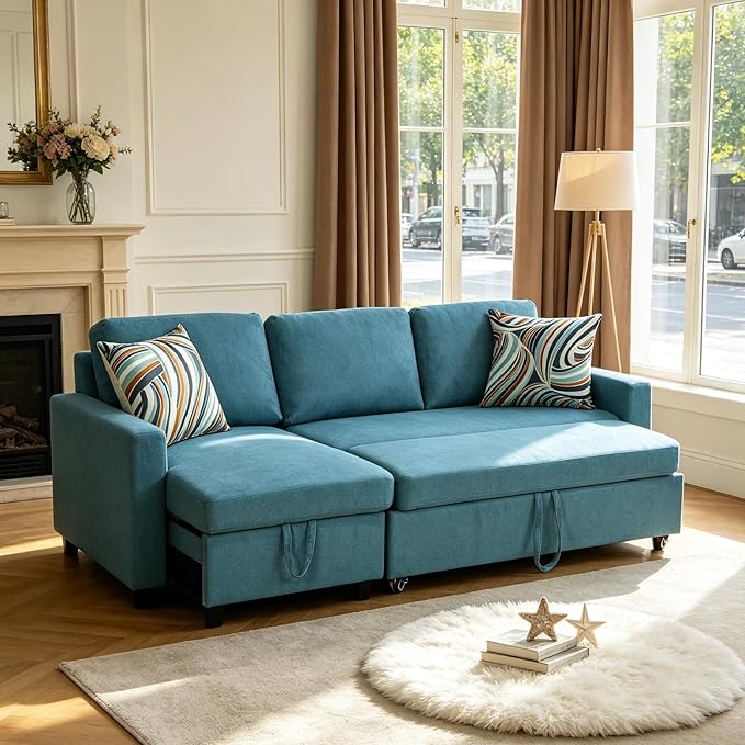 Pull Out Couch, L Shaped Sectional Couch with Pull Out Bed, Convertible Sofa Bed with Storage Chaise, Queen Size Sleeper Sofa, Sofa Bed Couch, Sleeper Sofa with Storage, Blue
