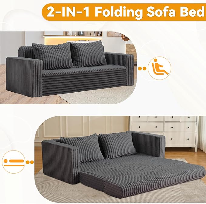 HABUTWAY Folding Sofa Bed, 2 in 1 Convertible Sleeper Chair with 2 Pillows, Portable Fold Out Chair Bed with Armrest, Comfy Floor Couch, Lazy Sofa for Living Room Bedroom Dorm Home Office Grey