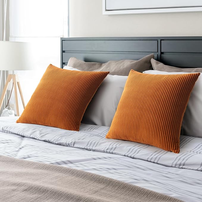 YCOLL Burnt Orange Pillow Covers 20x20 Set of 2 Velvet Striped Pattern - Soft Throw Pillows for Home Decor, Luxury Decorative Pillow Covers for Couch, Bed,Living Room