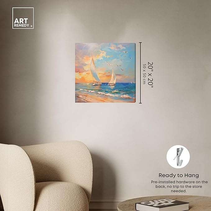 Art Remedy Sailboats In The Sunset Gallery Wrapped Sailing 1 Piece Canvas Wall Art, 20" x 20", Gallery Wrapped