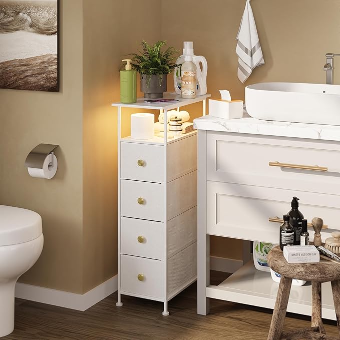 GiftGo Narrow Dresser with Charging Station LED Storage Tower with Fabric Chest of Drawers for Small Space Gap Open Shelf Skinny Dresser for Bedroom Closet, Bathroom (White, 4 Drawers)