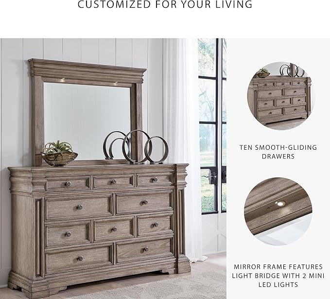 Signature Design by Ashley Blairhurst Traditional 10-Drawer Dresser and Mirror with Safety Stop, Felt-Lined Top Drawer and LED Lights, Light Brown