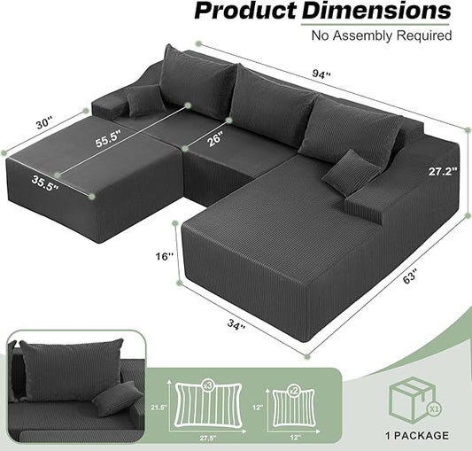 HABUTWAY U Shaped Modular Sectional Couch for Living Room, Modular Cloud Sofa with Ottoman, No Assembly Boneless Couches with Deep Seat, Corduroy Fabric (Grey, Right Facing)