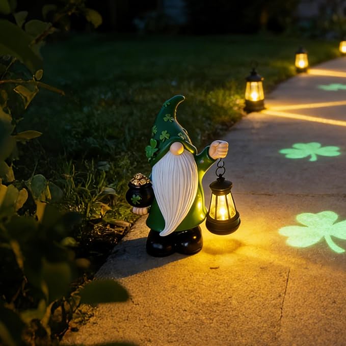 St Patrick's Day Gnome Decorations Outdoor, Solar Leprechaun Decor with Pot of Gold, Resin Figurine with Shamrocks & Solar Light for Garden Patio, Gift Luck and Fortune