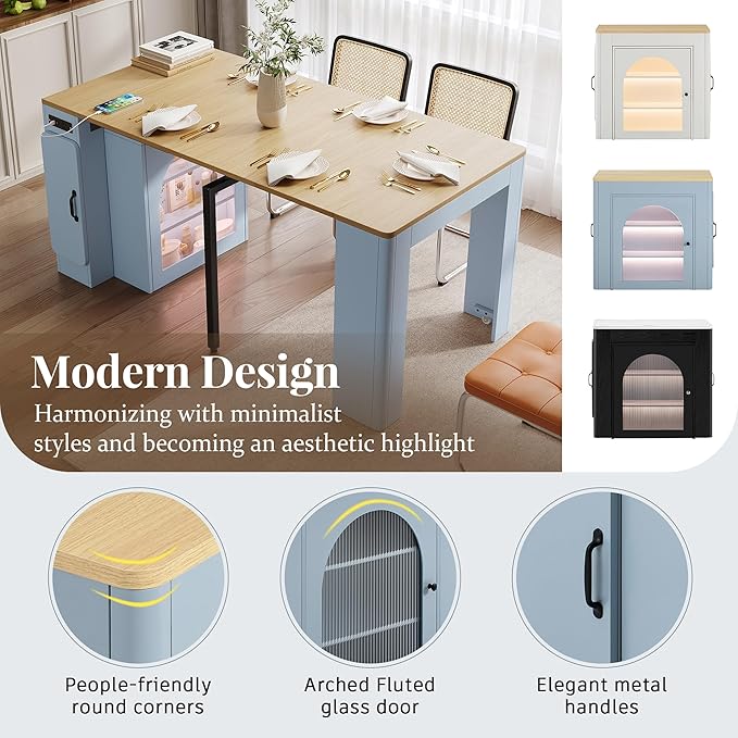 15.6" - 59" Extendable Dining Table, Mobile Kitchen Island with Storage Cabinet, Power Outlet and LED Lights, Space-Saving Dining Table for Small Spaces, Blue and Natural