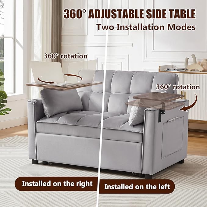 Yafylly 3 in 1 Sleeper Sofa Couch Bed, Pull Out Loveseat with Storage, Full Size Velvet Convertible Chair with 2 Pockets & 2 Pillows for Living Room, Grey