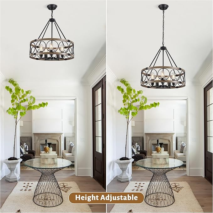 Farmhouse Chandelier for Dining Room 5-Light Black Rustic Drum Chandeliers 20" Wood Texture Adjustable Pendant Light Fixture for Kitchen Island Entryway Bedroom Hallway