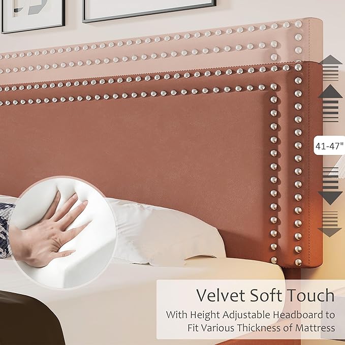 VECELO Queen Size Bed Frame with Adjustable Upholstered Headboard, Wooden Slats Platform, Noise-Free Design, Easy Assembly