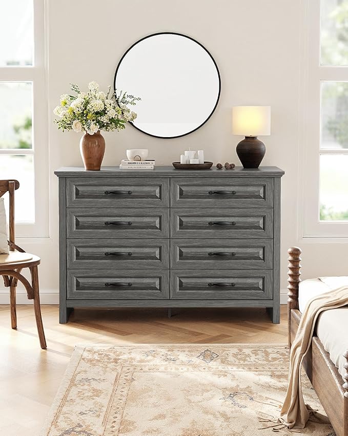 Marsail 8-Drawer Farmhouse Dresser, Solid Wood Storage Space, Sturdy Wide Chest with Smooth Glide Drawers & Anti-Slip Kit, for Bedroom or Hallway, Dark Grey