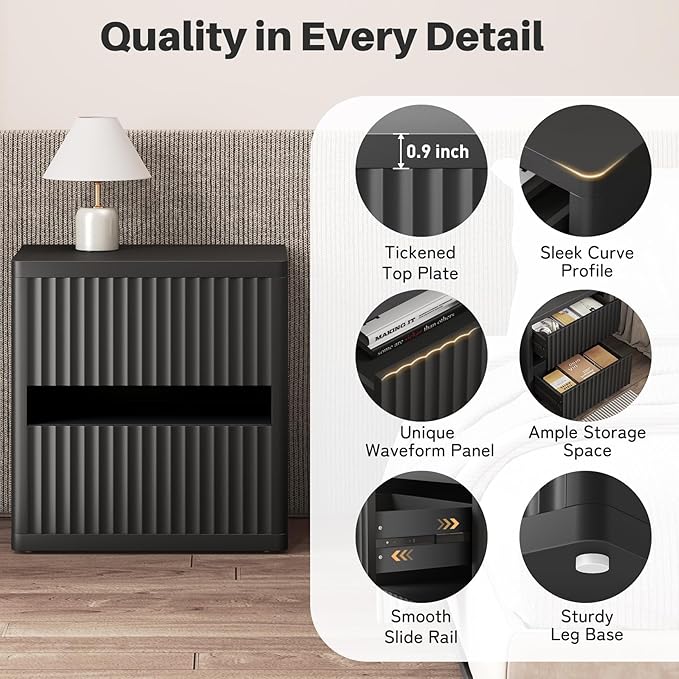 Dripex Fluted Nightstand Set of 2, 22'' Wide Night Stand with 2 Large Drawers, Mid Century Modern Wood Bedside Table with Open Shelf, Large Bed Side End Table for Bedroom, Black