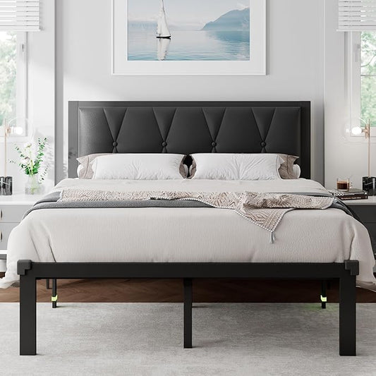 Feonase Queen Size Metal Bed Frame with Faux Leather Button Tufted Headboard, Platform Bed Frame with Heavy Duty Metal Slats, 12" Storage Space, Noise Free, No Box Spring Needed, Black