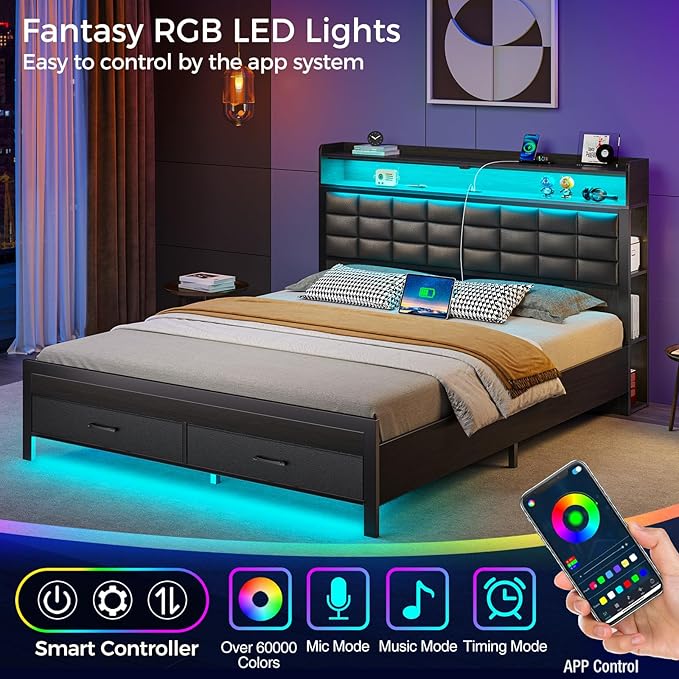Rolanstar Bed Frame Full Size with Storage Headboard and 2 Drawers, Upholstered Platform Bed with Charging Station and LED Light, Heavy Duty Frame Support, No Box Spring Needed, Noise Free, Black