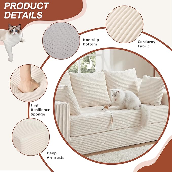 Convertible Sofa Bed, 5 in 1 Small Boneless Couch Pull Out Loveseat Sleeper Sofa,Corduroy Futon Couch Folding Mattress with 4 Pillows for Living Room (Beige, 3 Seater)