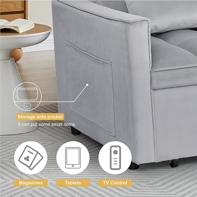 3 in 1 Convertible Sofa Bed, Love Seat Sleeper Bed with Side Pockets, Velvet Fabric Pull Out Couch with Adjustable Backrest for Living Room, Bedroom, Apartment, Gray