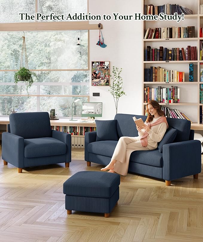 Welzona 70.2" Couches for Living Room, Comfy Sofa Set Tool-Free Setup, Corduroy Couch Set 7.1" Thicker Cushion, Accent Chair with Ottoman 848lbs Support, Sofas for Living Room Home Office, Blue