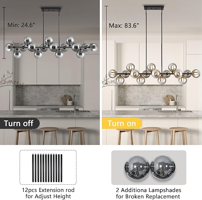Chandelier,16-Light Black Linear Sputnik Chandelier 55inch Large Pendant Lights Kitchen Island Modern Chandeliers for Dining Room Light Bubble Gray Globe Kitchen Island chandelier Farmhouse Chandelier