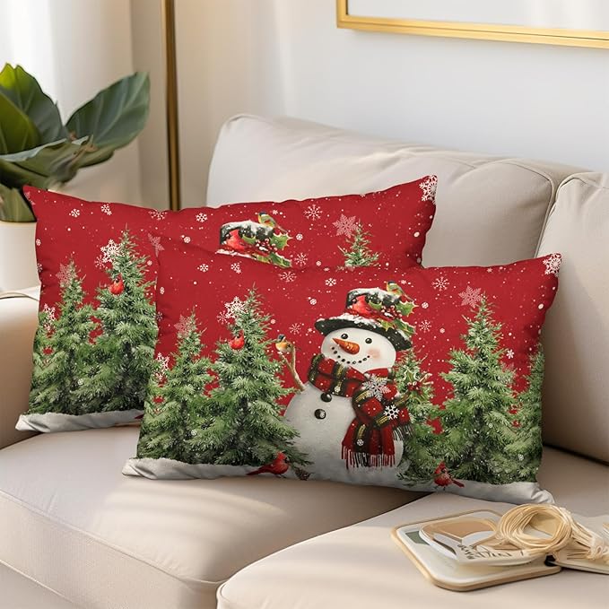 Winter Snowman Pillow Covers 12x20 Set of 2 Red Winter Lumbar Throw Pillow Covers Xmas Snowman Cardinal Snowy Pine Tree Pillow Case Winter Outdoor Pillowcases for Living Room Couch Sofa