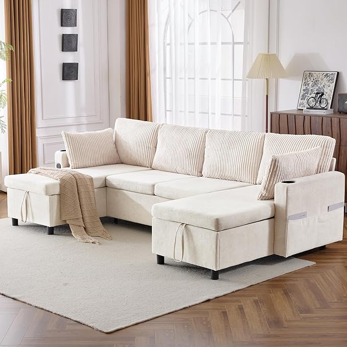 ERYE 113-Inch U-Shaped Pull Out Sleeper Couch Bed, Modern U Shaped Symmetrical Sleeper Sectional Sofa Convertible Sofa Bed with Storage Chaises & USB-C Ports for Living Room