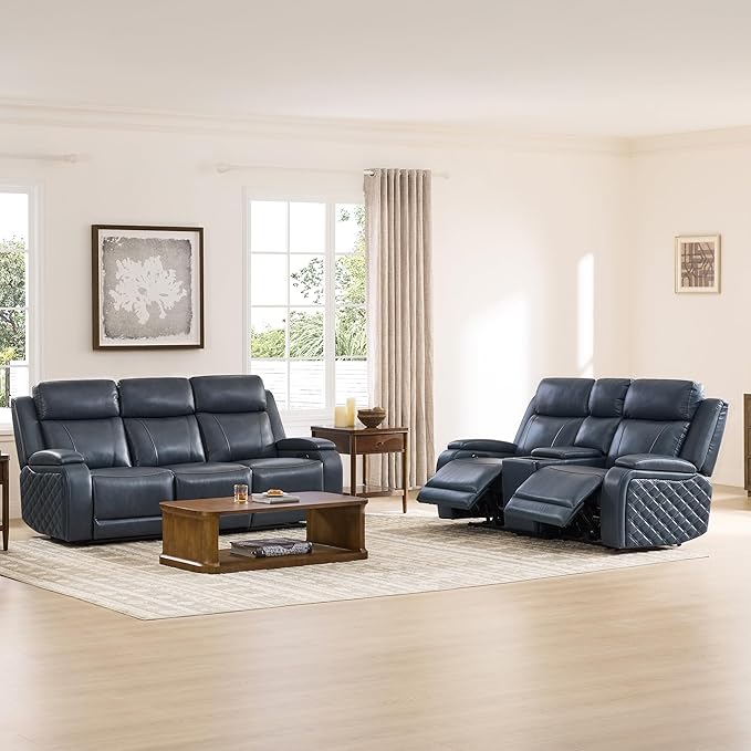Watson & Whitely Genuine Leather Power Loveseat Recliner Sofa, Zero Gravity Reclining Loveseat with Power Headrest & Hidden Storage, Charging Ports, Dual Recliner Sofas for Living Room, Navy Blue