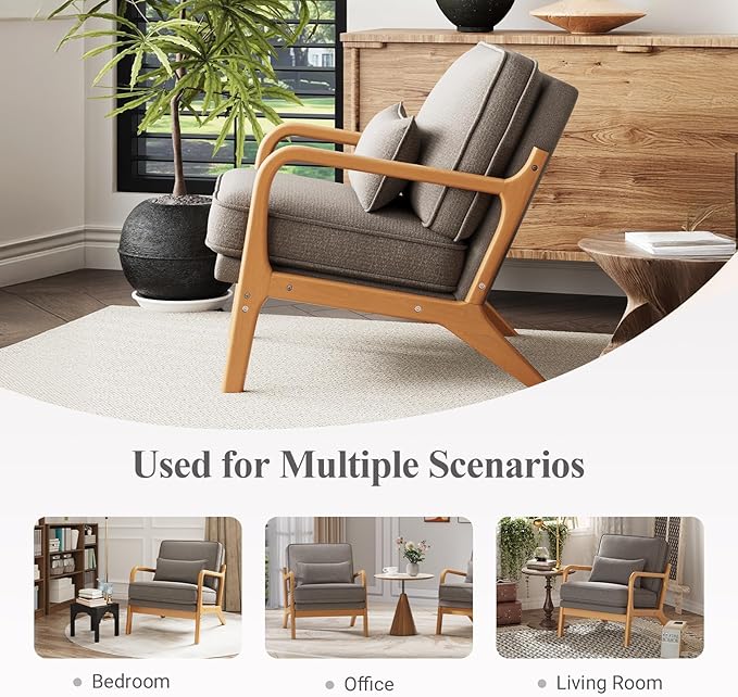Accent Chair with Solid Wood Frame, Mid-Century Relaxing Armchair Lumbar Pillow& Soft Cushion, Reading Leisure Chair for Living Room, Bedroom, Waiting Room-Grey