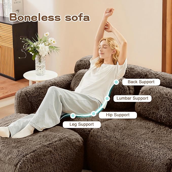 80.4-Inch Boneless Love Seat Couches in a Box, Modern 2 Seat Floor Modular Foam Cloud Sofa Faux Fur Loveseat Couch W/Angle Armrests for Home Apartments Bedroom