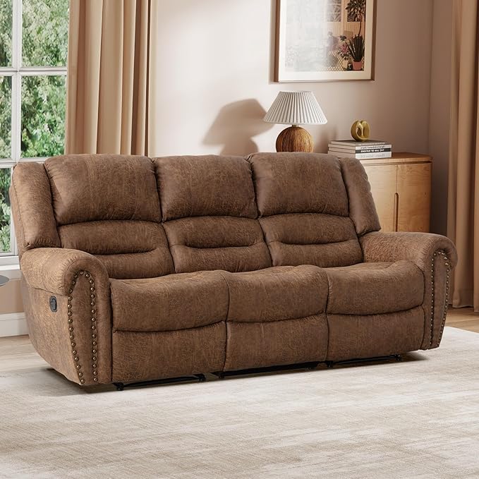 EBELLO Faux Leather Manual Reclining Sofa Recliner, 3 Seat Loveseat Sofa Chair, Couch for Living Room, Bedroom Furniture, Meeting Room, Brown (3 Seat Sofa)