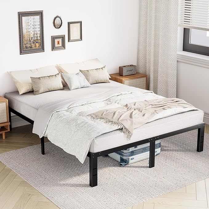 DUMOS Queen Size Bed Frame - Metal Platform Bed Frames Mattress Foundation with Steel Slat Support, No Box Spring Needed, Storage Space Under Base, Easy Assembly, Black
