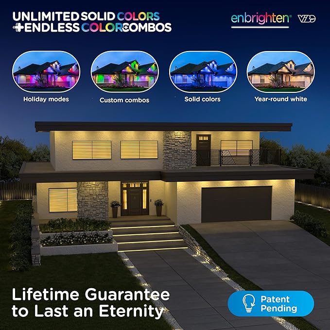 Enbrighten Vibe Eternity Accent Permanent Outdoor Lights for House, 50ft, 12 RGBWIC LEDs, Wide Spacing, 94lm, Tunable White, Everyday Eave Lighting, Smart App, Works with Alexa, Google Home, 85709