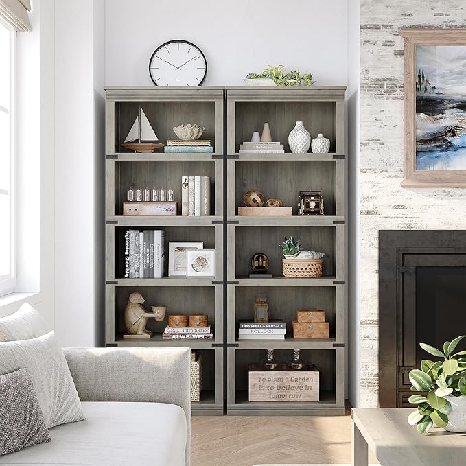 GarveeHome 5 Tier Farmhouse Bookcase, 67.4 in Tall Book Shelf with Storage, Wooden Bookshelves 5 Shelf Display Shelvesfor Home Office, Living Room, Bed Room (Grey, 67.4 in H x 24.4 in W x 12.8 in D)