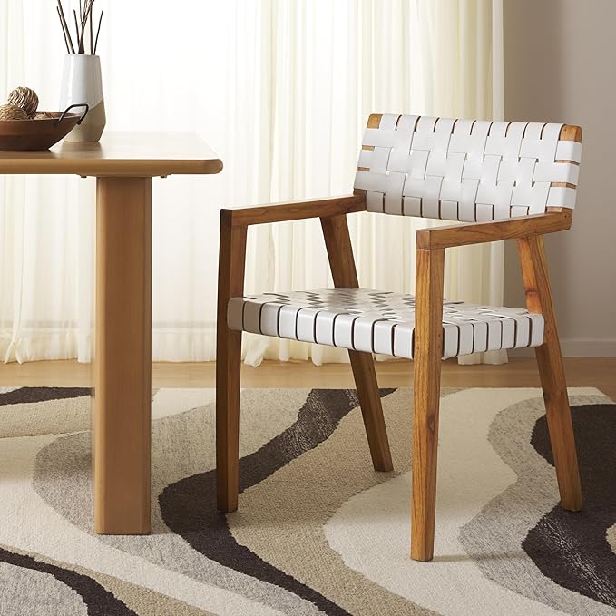 SAFAVIEH Home Collection Cire White Faux Leather/Natural Solid Wood Dining Chair