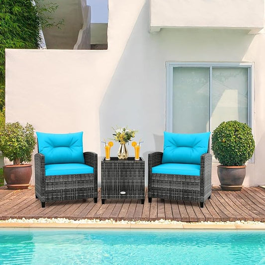 LDAILY Patio Furniture Set, 3 Pieces PE Rattan Wicker Patio Sofa Chairs with Washable Cushion & Glass Table, Outdoor Furniture Conversation Sets for Porch, Balcony, Garden, Poolside (Turquoise)