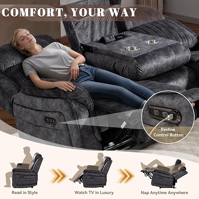 Zero Gravity Power Recliner Sofa Couch – Electric Reclining Sofa with Drop Down Table & Wireless Charging, 3 Seater Dual Reclining Couch with Adjustable Headrests for Living Room (Velvet, Grey)