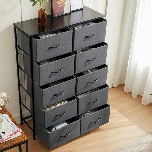 DUMOS Dresser for Bedroom, 10 Storage Drawers, Wide Fabric Closet Chests Organizer Tower Furniture with Wooden Top Metal Frame for Clothes, Guest Room, Living Room, Hallway, Entryway