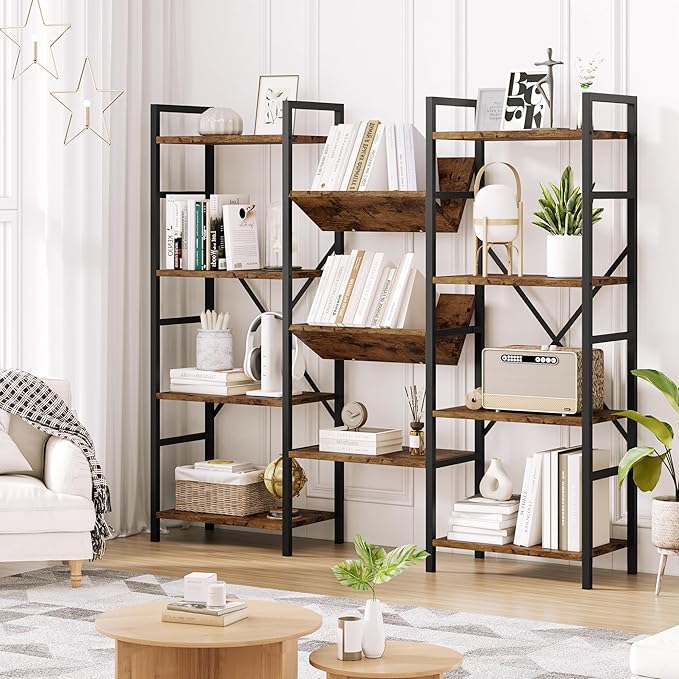 GAOMON Triple Wide 4 Tier Book Shelf, 54.3” Large Bookcase with 11 Open Shelves, Industrial Bookshelves and Bookcases with Metal Frame for Home Office, Study Room, Living Room-Rustic Brown