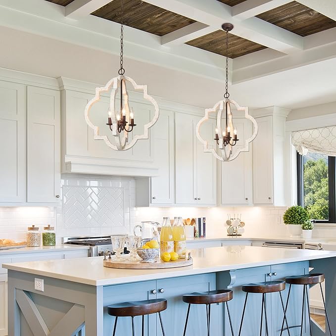 KSANA Farmhouse Orb Chandelier, Handmade Wood Distressed White French Country Hanging Light Fixture for Dining & Living Room, Foyer, Bedroom, Kitchen Island, and Entryway
