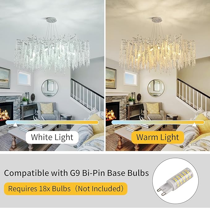 Modern Tree Branch Chandeliers Chrome D47'', Crystal Raindrop Chandelier for Living Room, Round Art Deco Lighting Fixture for for Dining Room Foyer Bedroom 18 Lights