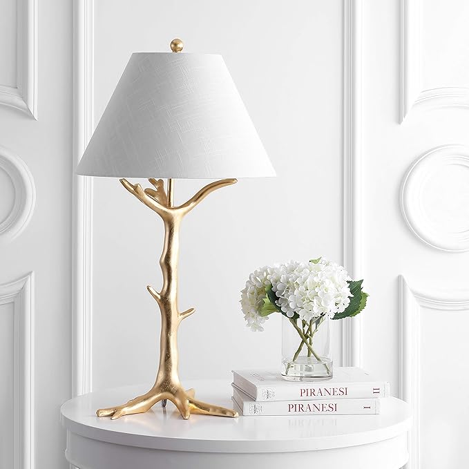 JONATHAN Y 33.5" Gold Leaf Resin LED Table Lamp, Glam Transitional Nature-Inspired Design for Living Room Bedroom Nightstand, White Linen Shade, LED Bulb Included, UL Listed JYL3069A