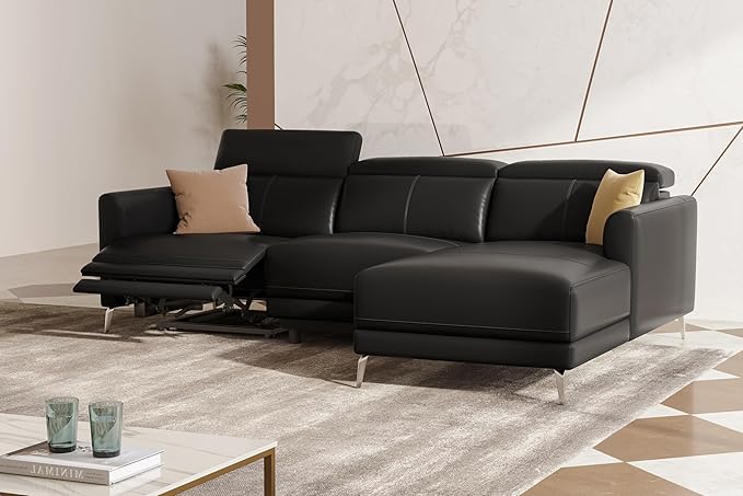 Valencia Andria 99.5" Leather Reclining Sectional Sofa, 3 Seater Reclining Couch with Right Hand Chaise | Italian Nappa 11000 Top Grain Leather | Power Reclining Seat with Adjustable Headrests - Black